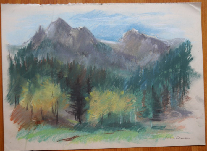 Lucia Cosmescu , Peisaj montan , creioane colorate , semnata