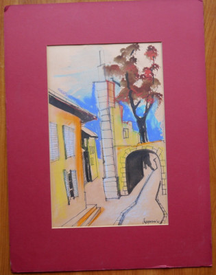 Tehnica mixta semnata M. Popescu, 2001, peisaj citadin foto