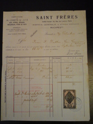 Factura Saint Freres - 22 octombrie 1908 - cu timbru foto