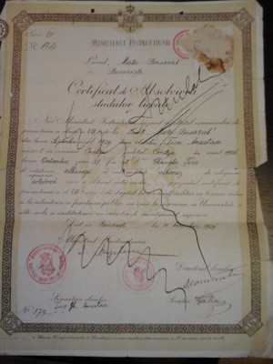 Certificat de absolvire studii liceale - Lic. Matei Basarab, Buc, 1929 foto