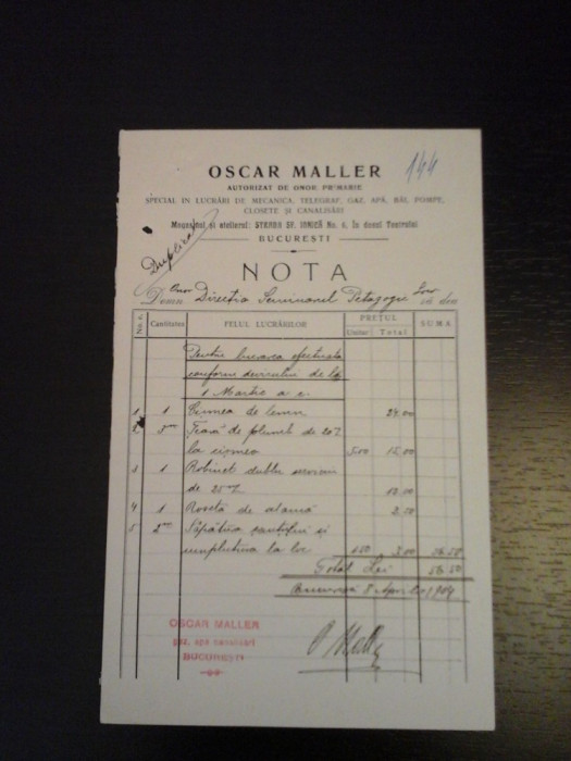 Nota facturare Oscar Maller 8 aprilie 1904 -