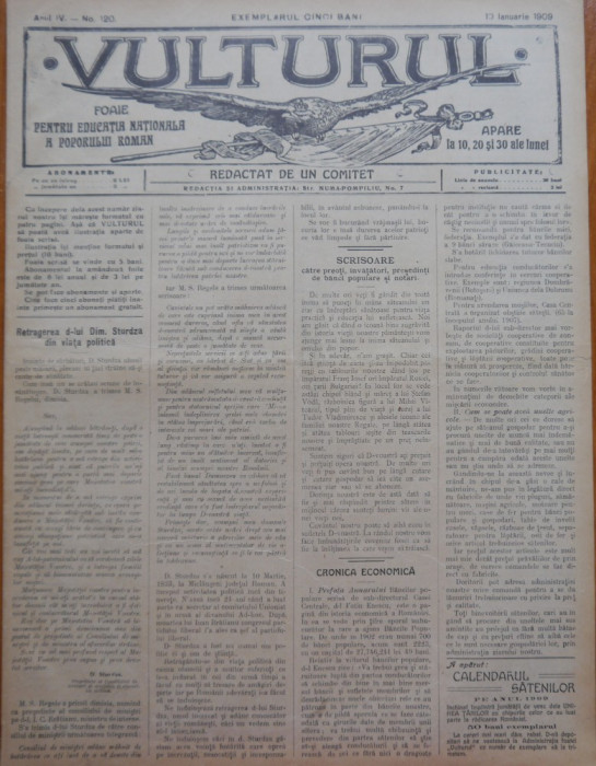 Ziarul Vulturul , foaie pentru educatie nationala , nr. 120 din 1909