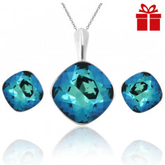 Set bijuterii argint cu cristale SWAROVSKI CRYSTALS Square Electric Blue + CADOU Laveta pentru curatat bijuteriile din argint foto