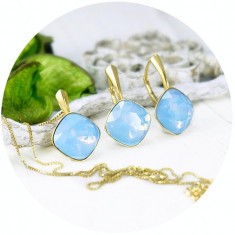 Set bijuterii argint suflat cu aur 24k, Set Swarovski Square Blue Opal + CADOU Laveta pentru curatat bijuteriile din argint foto