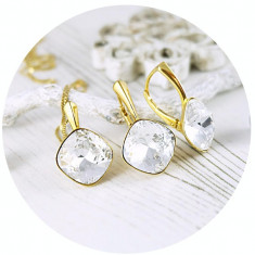 Set bijuterii argint suflat cu aur 24k, Set Swarovski Square Crystal Clear + CADOU Laveta pentru curatat bijuteriile din argint foto