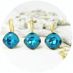 Set bijuterii argint suflat cu aur 24k, Set Swarovski Square Indicolite + CADOU Laveta pentru curatat bijuteriile din argint foto