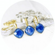 Set bijuterii argint suflat cu aur 24k, Set Swarovski Square Royal Blue + CADOU Laveta pentru curatat bijuteriile din argint foto