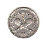 SV * Noua Zeelanda THREE PENCE 1934 ARGINT Regele George V +/- XF