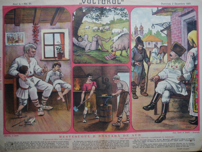 Ziarul Vulturul , nr. 91 din 1907 , cromolitografie mare , Mestesugul e bratara