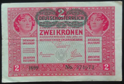 Bancnota ISTORICA 2 COROANE - AUSTRO-UNGARIA (AUSTRIA), anul 1917 *cod 575 foto