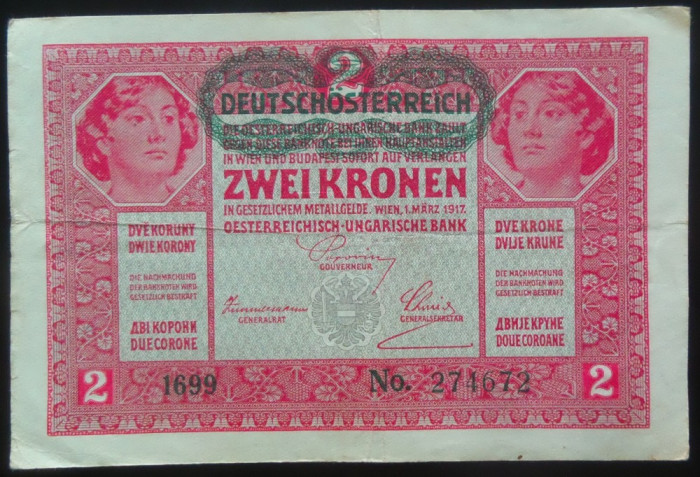 Bancnota ISTORICA 2 COROANE - AUSTRO-UNGARIA (AUSTRIA), anul 1917 *cod 575