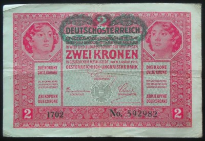Bancnota istorica 2 COROANE - AUSTRO-UNGARIA (AUSTRIA), anul 1917 * cod 577 foto
