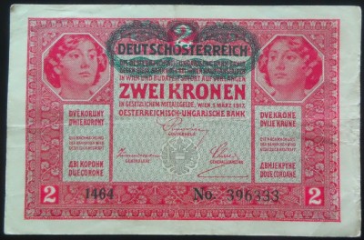 Bancnota istorica 2 COROANE - AUSTRO-UNGARIA (AUSTRIA), anul 1917 * cod 578 foto