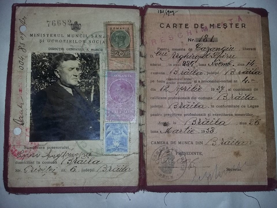 Carte de mester,meseria CAZANGIU,Carte mester timbrata cu foto 1938  T.GRATUIT | arhiva Okazii.ro