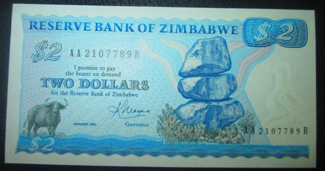 Zimbabwe : 2 dolari 1983 . UNC ( bancnota necirculata )