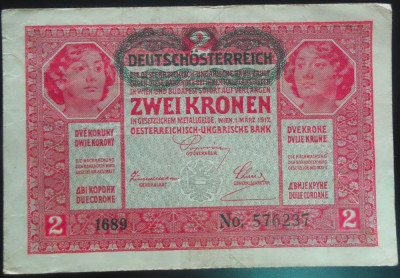 Bancnota istorica 2 COROANE - AUSTRO-UNGARIA (AUSTRIA), anul 1917 * cod 456 foto