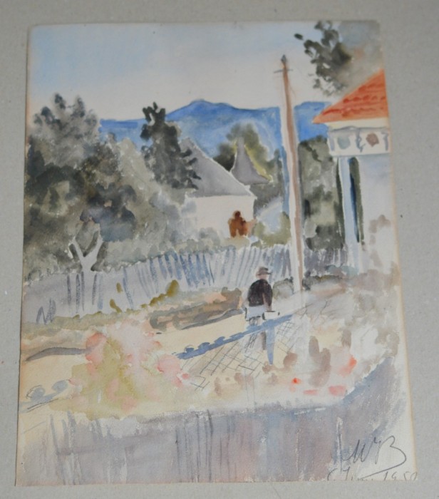 Acuarela veche peisaj Scoala de la Baia Mare 1950