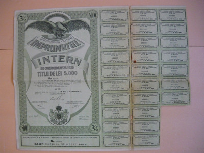 Imprumutul intern de consolidare 1935 (lot 3 titluri, 1000, 2000, 5000 lei) foto