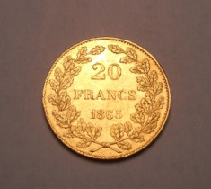 Belgia 20 Franci Francs 1865 de AUR Piesa de Colectie foto