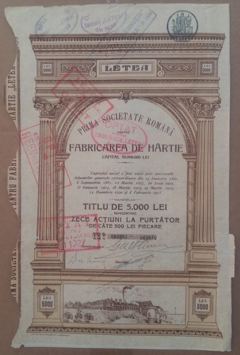 TITLU DE 5.000 LEI - FABRICA DE HARTIE LETEA, JUD. BACAU