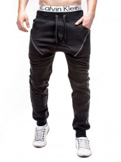 Pantaloni pentru barbati de trening, negru, cu banda jos, semi-tur, siret, bumbac - P184 foto