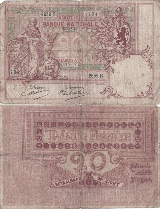 1914 (13 XII), 20 francs (P-67a.3) - Belgia