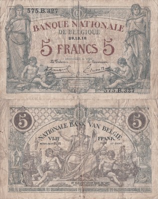 1918 (29 XII), 5 francs (P-75b) - Belgia foto