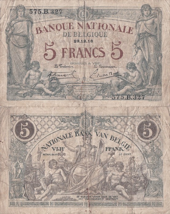 1918 (29 XII), 5 francs (P-75b) - Belgia