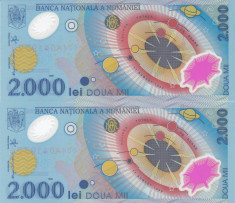 Bancnota Romania 2.000 Lei 1999 - P111 UNC ( polimer eclipsa - 2x consecutive ) foto