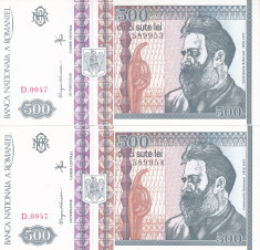 Bancnota Romania 500 Lei 1992 - P101b UNC (2 bancnote cu serii consecutive) foto