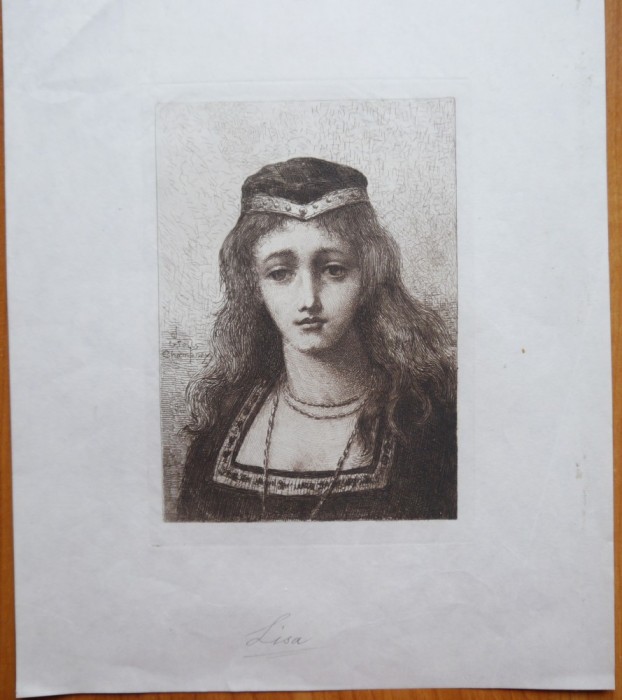 Gravura veche, de secol 18, semnata in placa; personaj medieval, Lisa