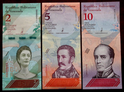 Lot set 3 bancnote Venezuela 2 + 5 + 10 Bolivares 2018 UNC ** foto