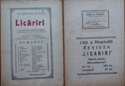 Revista Licariri, anul 1, nr. 1 - 2, 1927, Craiova ; Director V. Turtureanu, semnata pe prima pagina de Nicolae Iorga foto