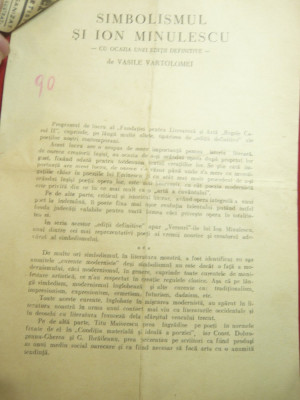 301. Vasile Vartolomei - Simbolismul lui Ion Minulescu ,8 pag.-Articol aparut in 1939 foto