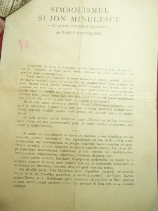 Vasile Vartolomei - Simbolismul lui Ion Minulescu ,8 pag.-Articol aparut in 1939