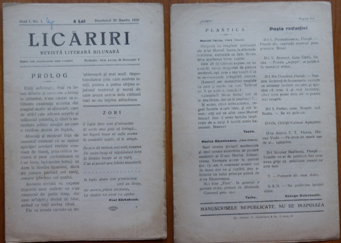 Revista literara Licariri , an 1 , nr. 1 , Bucuresti , 1930