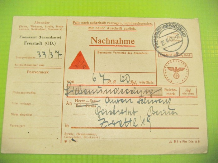 ww2-al 3 lea Reich-Act bancar gen carta postala. Stare buna, marimi: 15_10 cm.