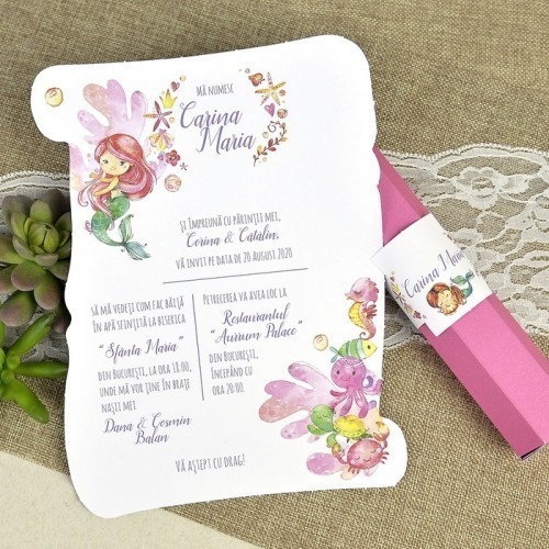 Invitatii Botez Fetite Stil Papirus Cu Sirene 15603 Arhiva Okazii Ro