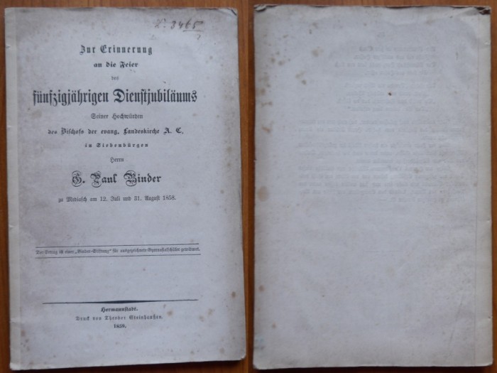 Paul Binder , Comemorarea a celei de a 50-a aniversari in Ardeal , Sibiu , 1859
