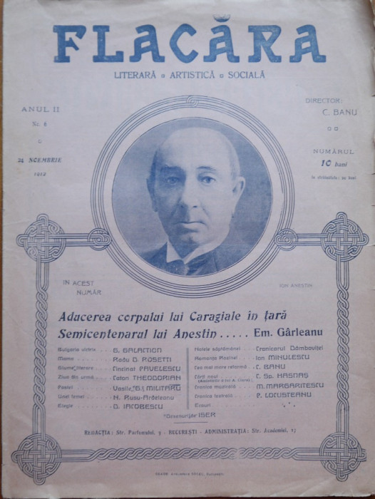 Revista Flacara , nr. 6 , 1912 ; Caragiale adus in tara ; Semicentenar Anestin