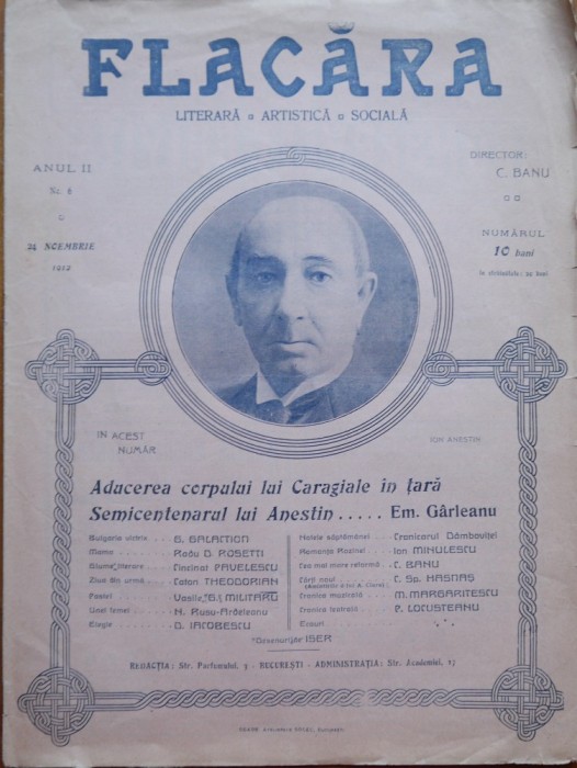 Revista Flacara, nr. 6, 1912; Caragiale adus in tara; Semicentenar Anestin