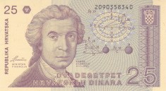 Bancnota Croatia 25 Dinara 1991 - P19b UNC ( filigran inversat - catalog $35!! - vezi descriere )