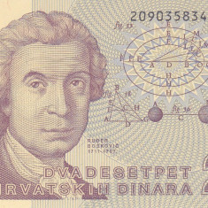 Bancnota Croatia 25 Dinara 1991 - P19b UNC ( filigran inversat - catalog $35!! )