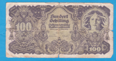 (1) BANCNOTA AUSTRIA - 100 SCHILLING 1945, MAI RARA, CU FISURI foto