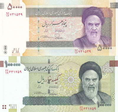 Bancnota Iran 50.000 si 100.000 Riali (2014) - P149/ 151 UNC ( set x2 ) foto