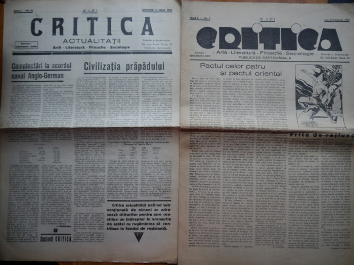 14 ziare Critica ; Arta , literatura , Filosofie , Sociologie , din 1935 , an 1