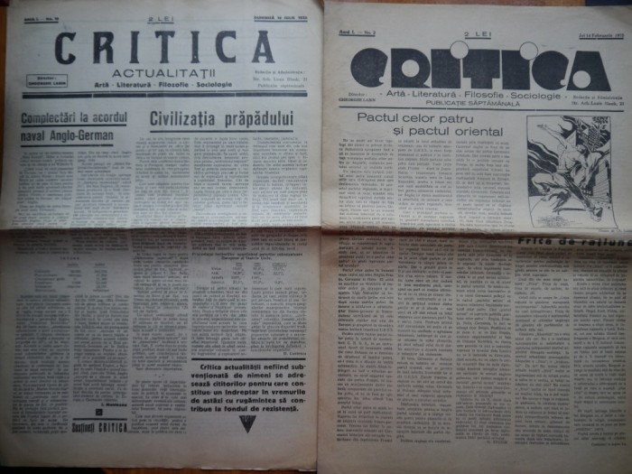14 ziare Critica; Arta, literatura, Filosofie, Sociologie, din 1935, an 1
