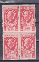 ROMANIA 1954 , LP 366 , VICTOR BABES , BLOC DE 4 TIMBRE MNH foto