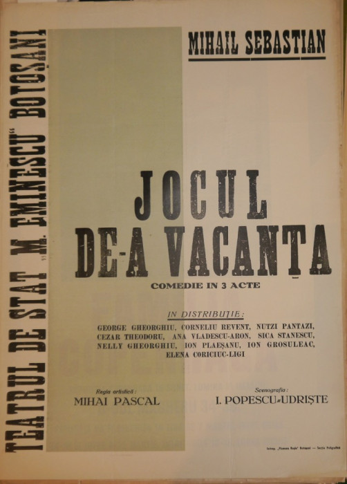 Afisul piesei de teatru de Mihail Sebastian , Jocul cu moartea ;Teatrul Botosani