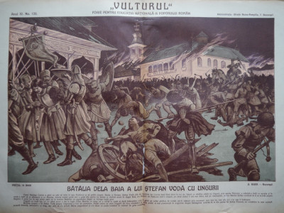Ziarul Vulturul , nr. 135 din 1909 , cromolitografie mare ; Batalia dela Baia foto